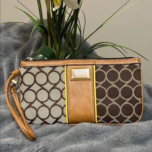 Nine West Brown, Tan & Yellow Logo Wristlet GUC RETAIL $39